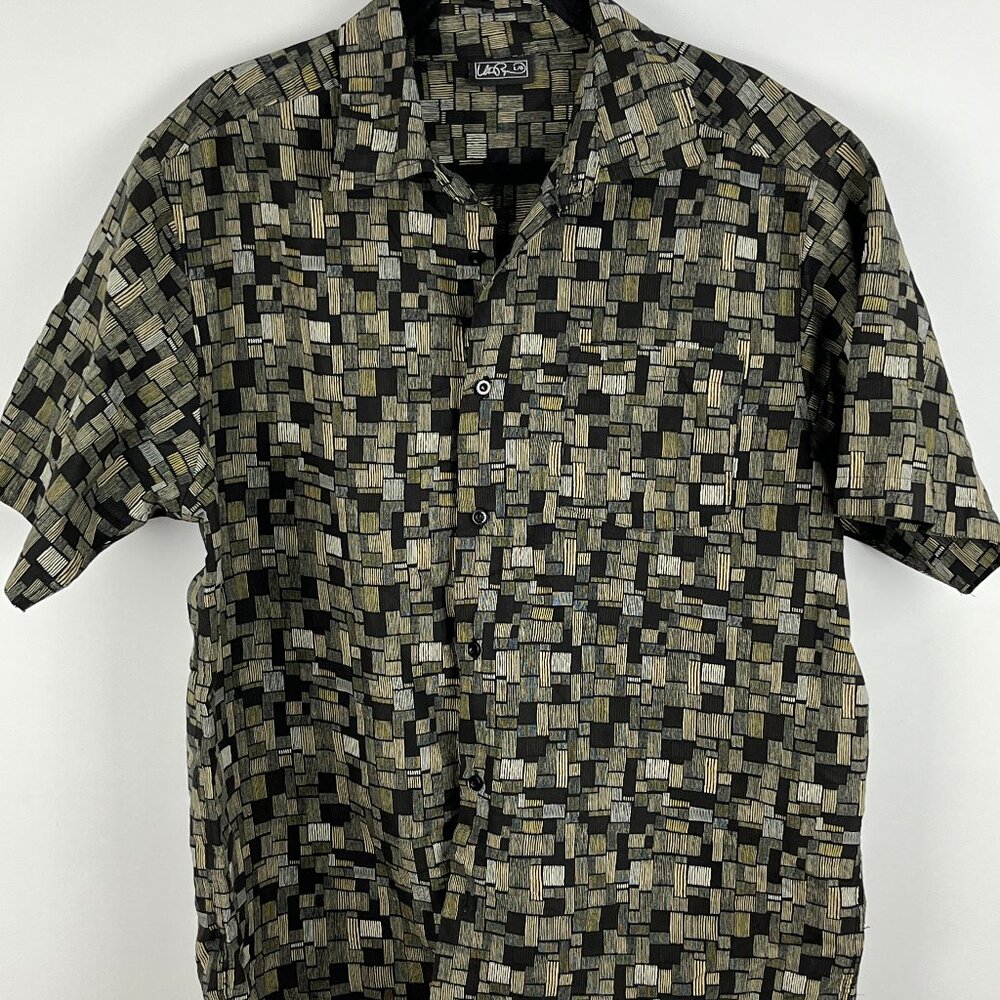 Casual Button Down Shirt Size L Brown Geometric Short Sleeve Chest Pocket Polye